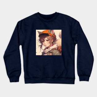 Illustration of woman cat looking at the camera in anime style Crewneck Sweatshirt